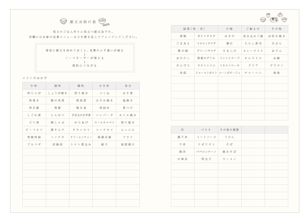 ノーマネーデー家計簿＿献立お助け表ページ